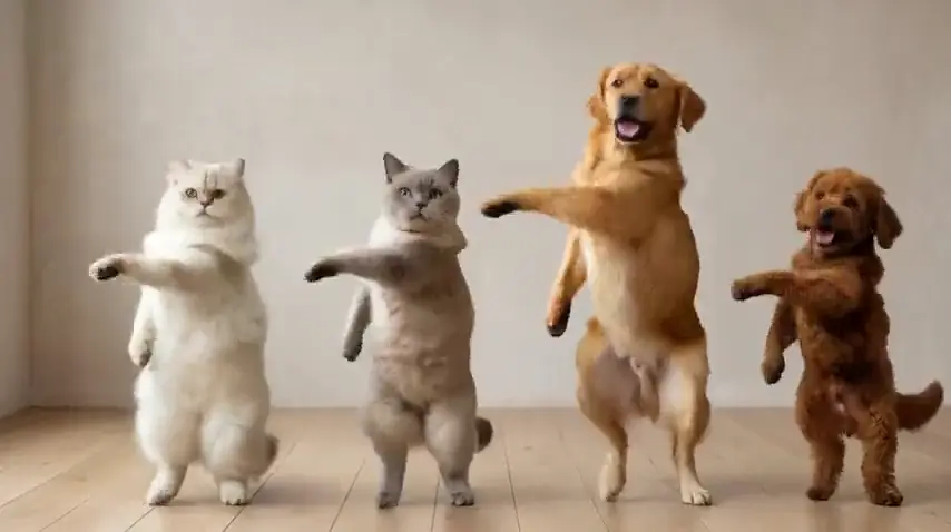Two cats and two dogs dancing together in sync
