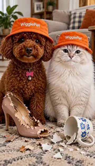 A brown poodle and a white cat in matching orange bucket hats singing together