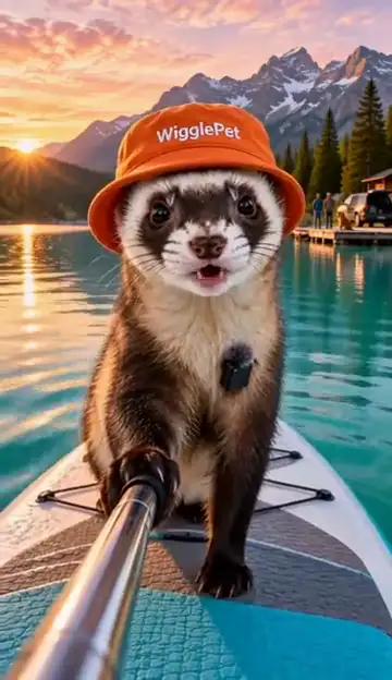 A ferret in a cap filming a selfie on a paddleboard