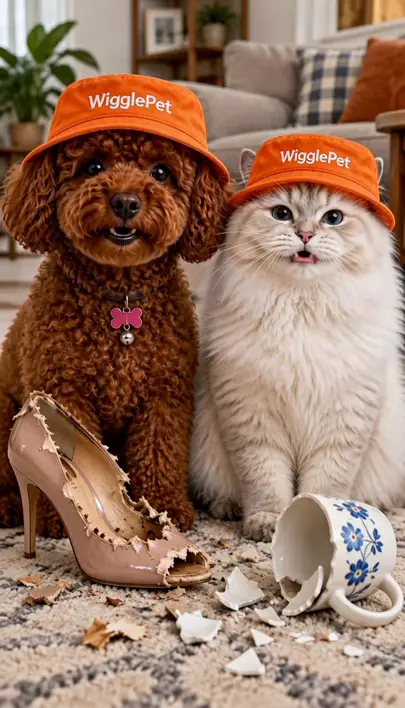A brown poodle and a white cat in matching orange hats singing together