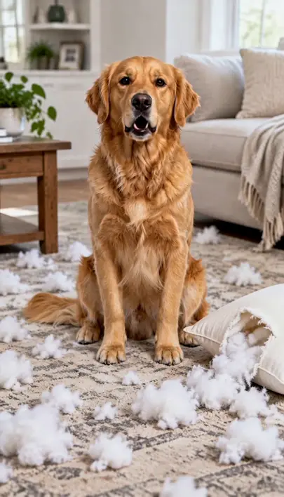 A golden retriever on a couch surrounded by pillow stuffing, talking