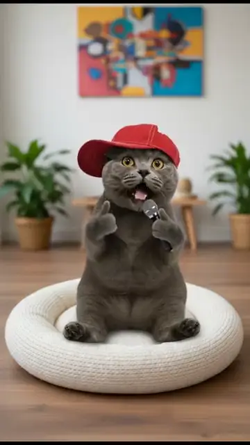 A grey cat in a red cap rapping into a microphone