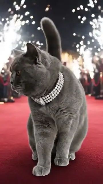 Boncuk the cat walking the red carpet, head, paws and tail all moving