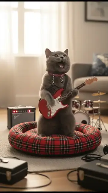 A grey cat playing electric guitar