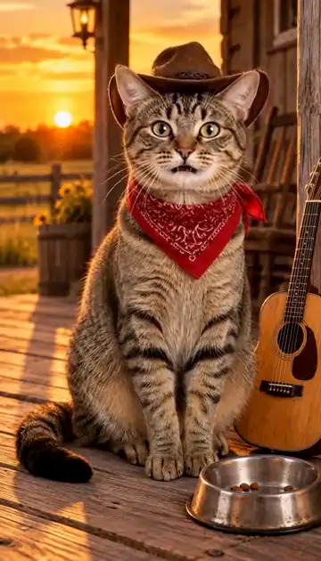 A tabby cat in a cowboy hat and red bandana singing on a porch at sunset