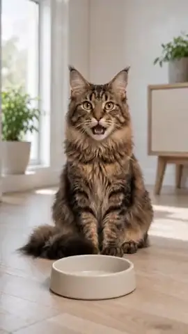 A cat next to an empty food bowl asking to be fed