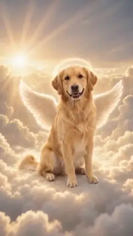 A golden retriever resting peacefully among soft clouds